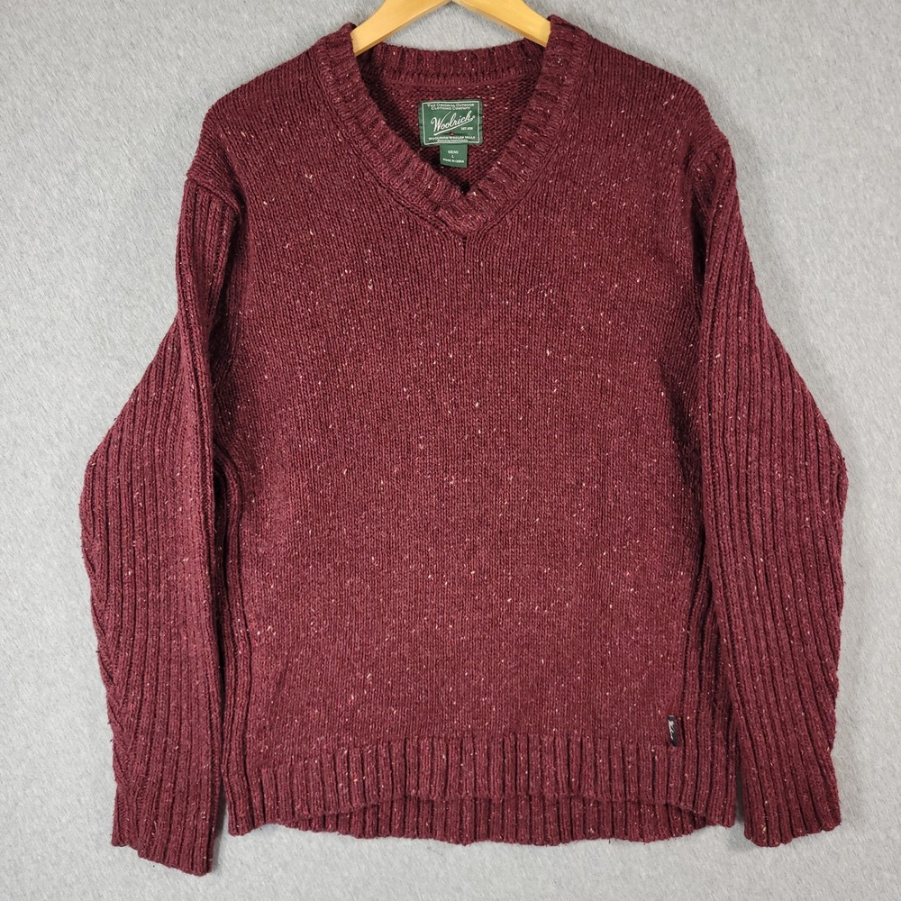 Vintage Woolrich V-Neck Sweater Mens Large Deep Ruby Heather Wool Blend 90s Y2K